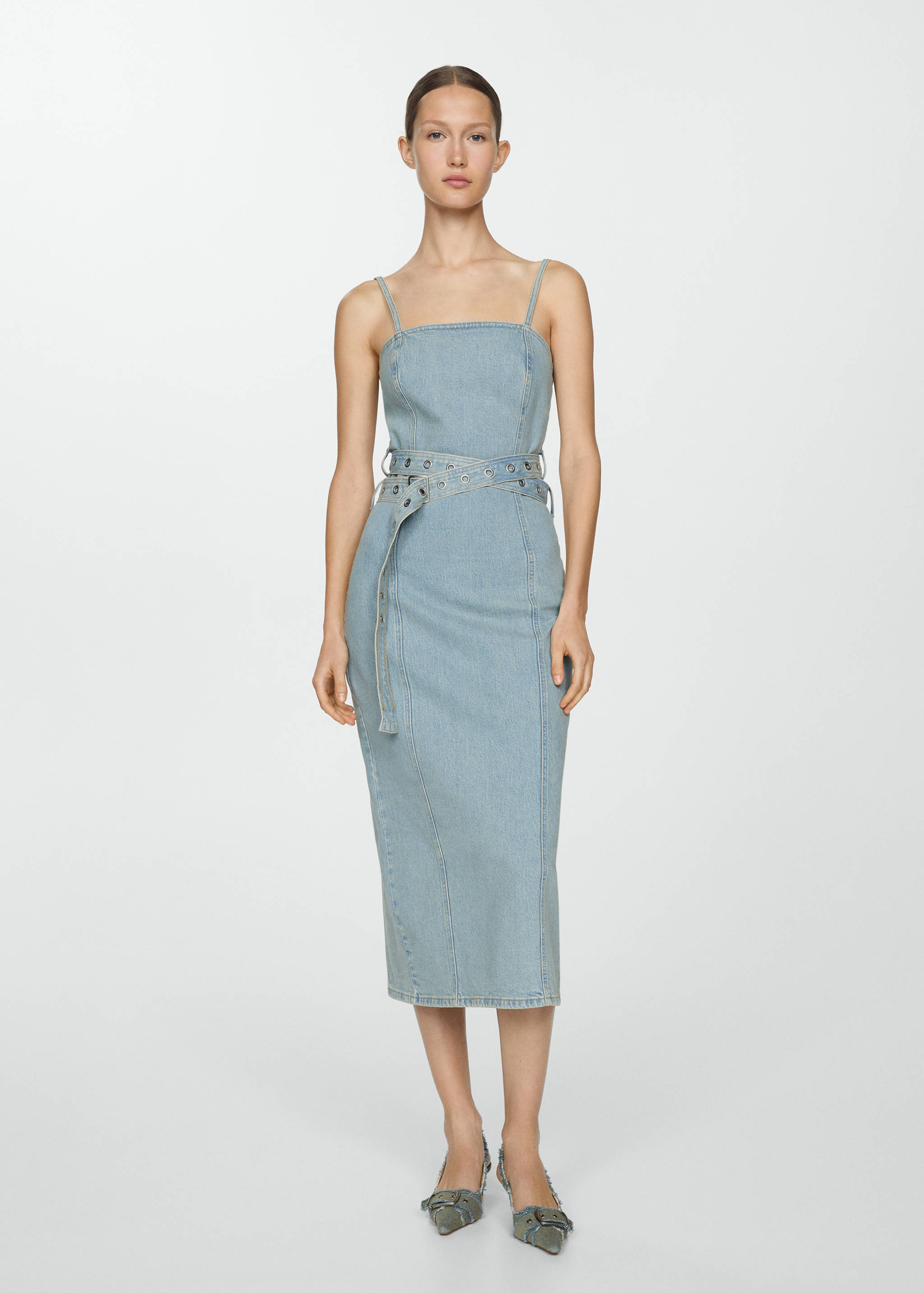 Denim dress with belt - General plane
