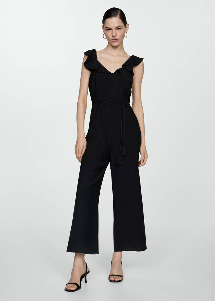 Long jumpsuit with tassel belt — Black