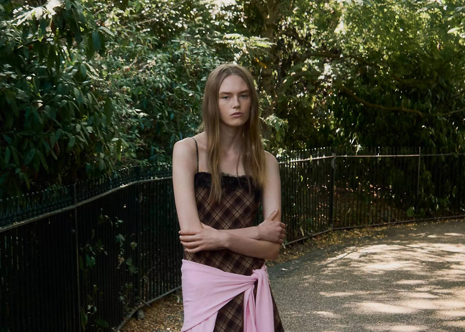 Brown plaid slip dress with lace detailing